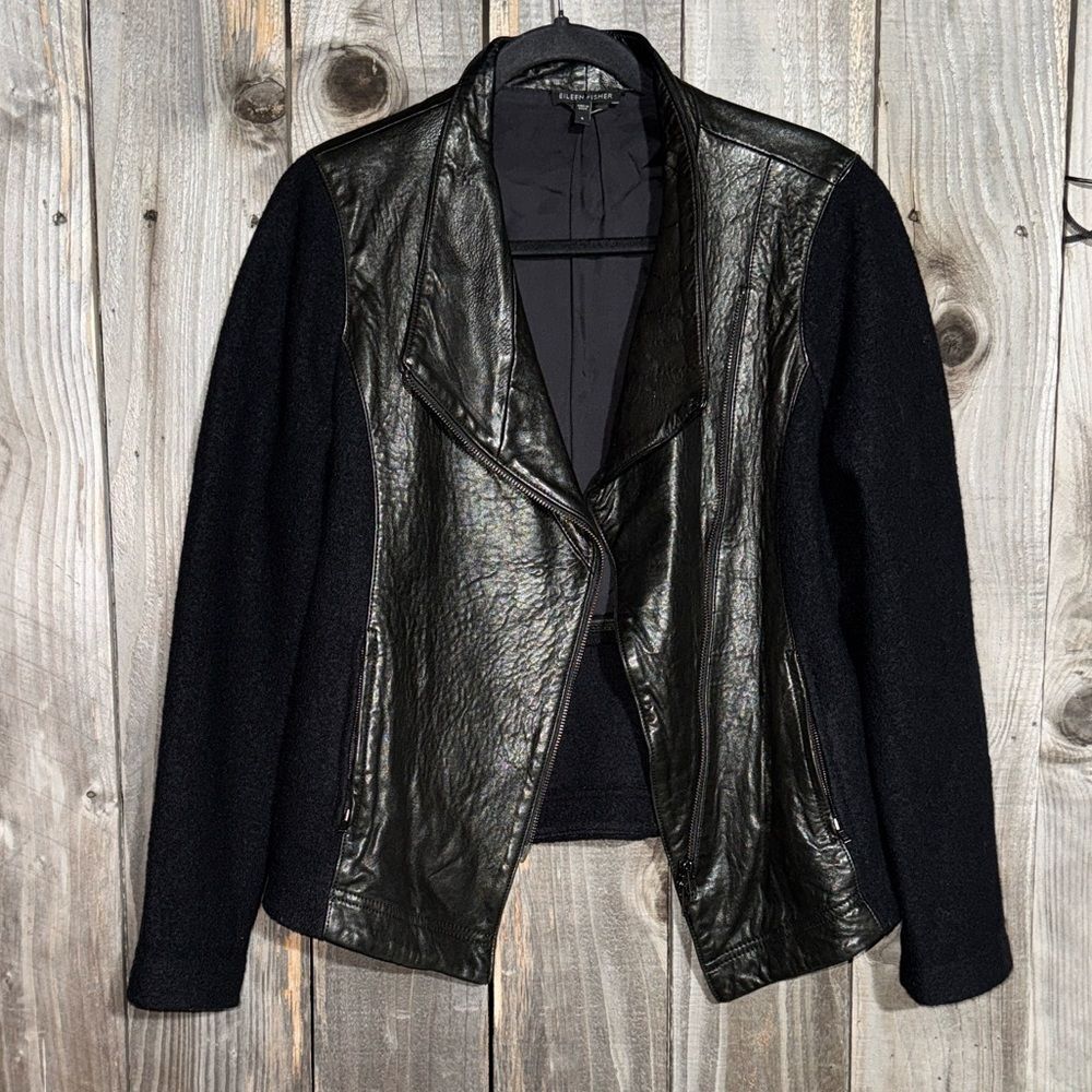 EILEEN FISHER Leather & Wool Motorcycle Jacket Black Size Small